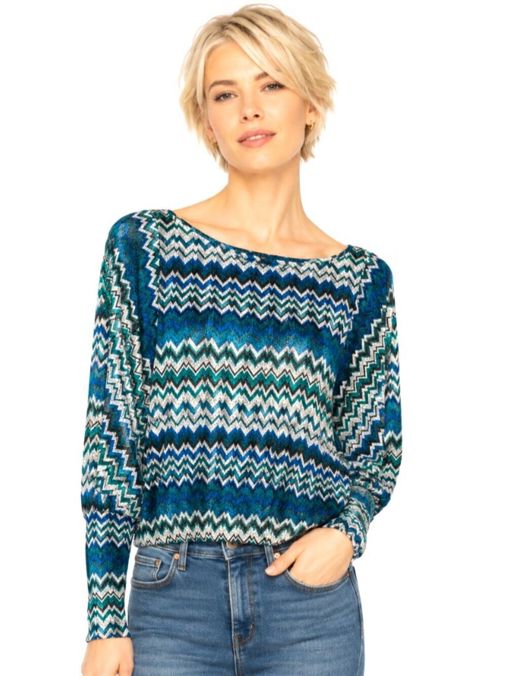 Bebe Dragonfly Zig Zag Chevron Sheer Knit Top